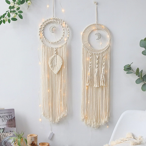 Acchiappasogni in Macramè Boho Fatto a Mano con Luna Tenda da Parete in Corda di Cotone Con Luci LED per Casa Camera