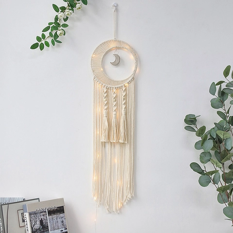Acchiappasogni in Macramè Boho Fatto a Mano con Luna Tenda da Parete in Corda di Cotone Con Luci LED per Casa Camera