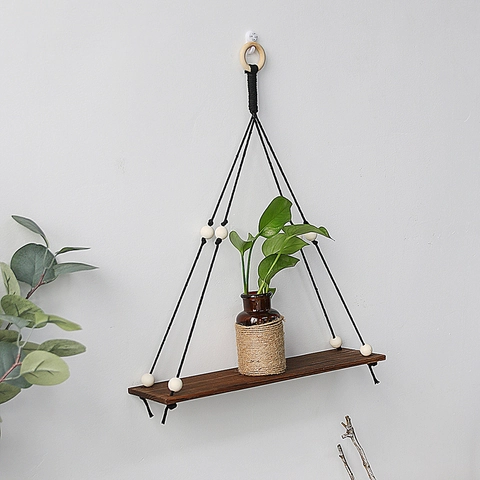 Scaffale a Sospensione in Macramè Intrecciato a Mano Legno di Faggio Corda di Cotone Mensola per Piante Decorazione Boho