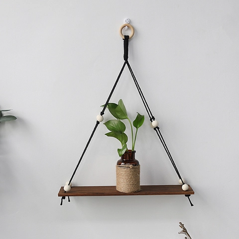 Scaffale a Sospensione in Macramè Intrecciato a Mano Legno di Faggio Corda di Cotone Mensola per Piante Decorazione Boho