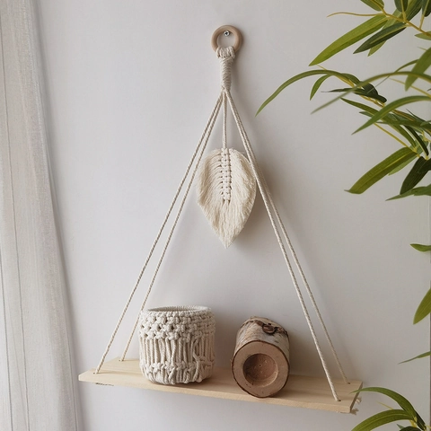 Bohemian Handmade Woven Wall Hanging Shelf Cotton Rope Wood Tassel Leaf Decor Nordic Style Storage Rack Home Decoration