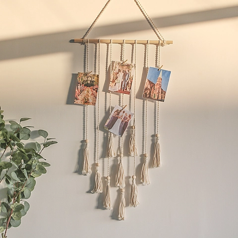 Arazzo da Parete Macramè Boho Display Foto con Nappine Corda in Cotone Intrecciata a Mano Perline di Legno Stile Nordico