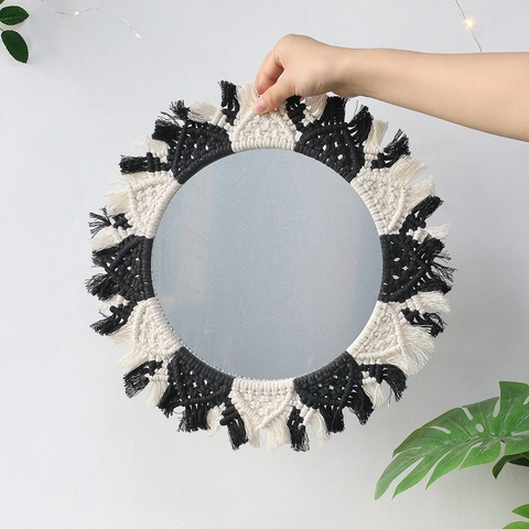 Specchio da Parete Boho Macramè Fatto a Mano in Corda di Cotone Intrecciata Geometrica Specchio Decorativo per Camera Letto