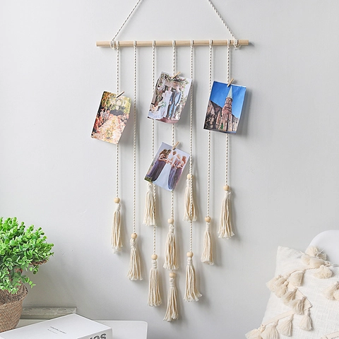 Arazzo da Parete Macramè Boho Display Foto con Nappine Corda in Cotone Intrecciata a Mano Perline di Legno Stile Nordico