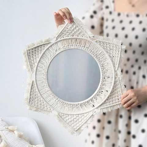 Bohemian Handwoven Macrame Wall Mirror Round Cotton Thread Tassel Mirror For Home Bedroom Living Room Decorative Mirror