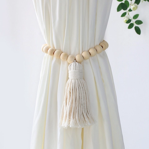 Bohemian Wood Bead Curtain Tiebacks With Cotton Tassels Nordic Hand-Woven Macramé Curtain Straps For Home Decor Window Accessories