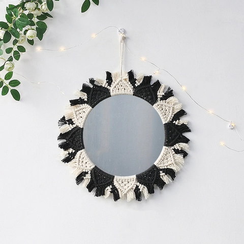 Specchio da Parete Boho Macramè Fatto a Mano in Corda di Cotone Intrecciata Geometrica Specchio Decorativo per Camera Letto