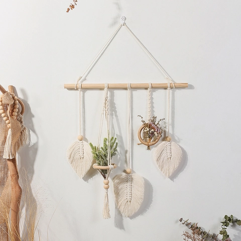 Arazzo da Parete Macramé Bohemien Tessuto a Mano Corda di Cotone Foglia Piuma Nappina Decorazione Casa Boho Camera da Letto
