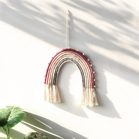 Decorazione da Parete Arcobaleno in Cotone Tessuto a Mano Con Nappine e Palle di Feltro per Cameretta Bambini Casa Ornamento Nordico