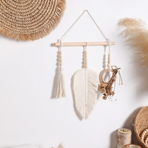 Arazzo da Parete Macramé Bohemien Tessuto a Mano Corda di Cotone Foglia Piuma Nappina Decorazione Casa Boho Camera da Letto