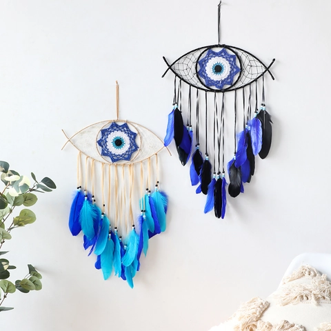 Acchiappasogni Malocchio Boho Decorazione da Parete Pendente in Piuma Intrecciata a Mano Perline in Cotone Per Soggiorno Camera da Letto