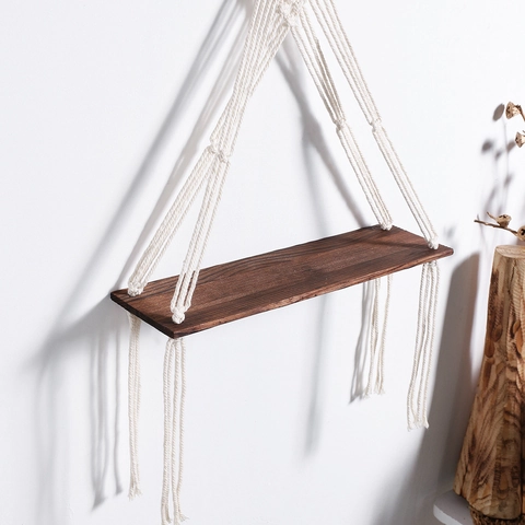 Mensola a Parete Macramè Fatta a Mano in Stile Bohemien Corda di Cotone Nappe Scaffale Sospeso Boho Arredamento Casa