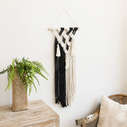 Arazzo da Parete Macramè in Stile Nordico Fatto a Mano in Cotone Tessuto Legno Boho Decor Bianco Nero Geometrico Nappa Arte Murale