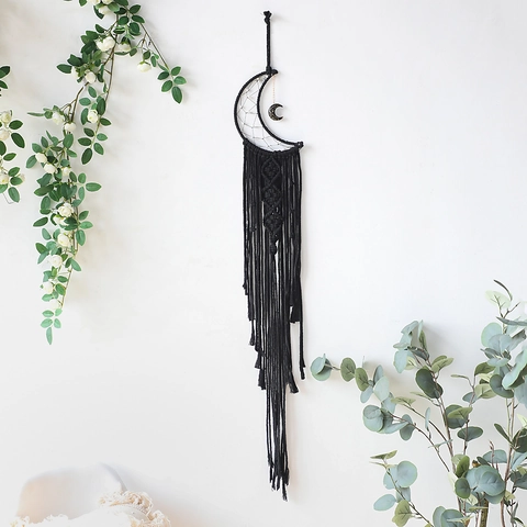 Decorazione da Parete Macrame Nera Boema Stella Luna Fatta a Mano Corda di Cotone Nappa Acchiappasogni per Camera da Letto Soggiorno