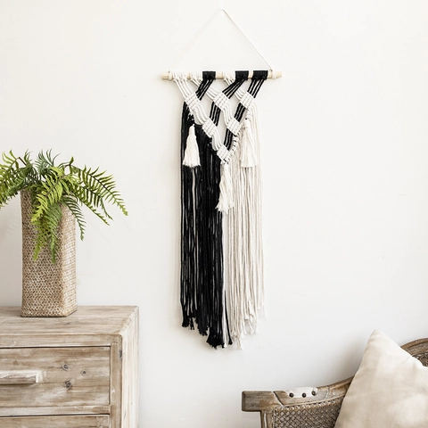 Arazzo da Parete Macramè in Stile Nordico Fatto a Mano in Cotone Tessuto Legno Boho Decor Bianco Nero Geometrico Nappa Arte Murale