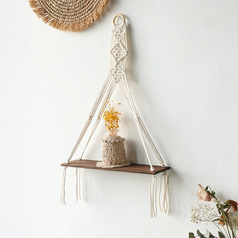 Mensola a Parete Macramè Fatta a Mano in Stile Bohemien Corda di Cotone Nappe Scaffale Sospeso Boho Arredamento Casa