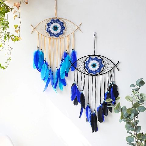 Acchiappasogni Malocchio Boho Decorazione da Parete Pendente in Piuma Intrecciata a Mano Perline in Cotone Per Soggiorno Camera da Letto