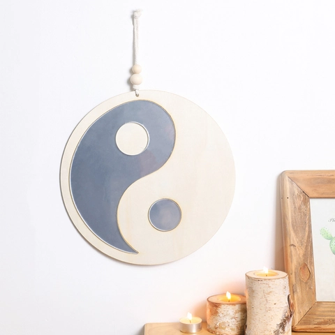 Yin Yang Taiji Wooden Wall Hanging Decor Mirror Acrylic Inlay Bohemian Zen Style Home Wall Ornament With Wood Beads