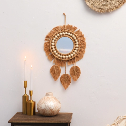 Bohemian Handwoven Macrame Wall Mirror Boho Round Decorative Mirror With Tassels Wood Beads For Home Bedroom Living Room Decor