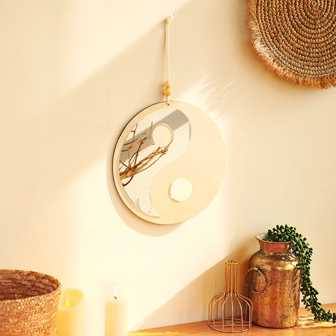 Yin Yang Taiji Wooden Wall Hanging Decor Mirror Acrylic Inlay Bohemian Zen Style Home Wall Ornament With Wood Beads