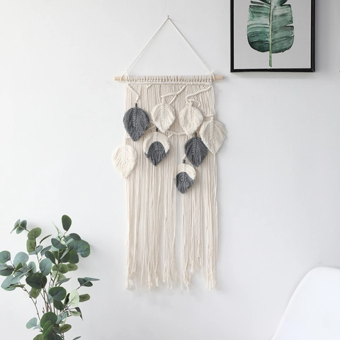Arazzo da Parete in Macramè Bohemien Intrecciato a Mano in Cotone Con Foglie di Piuma Decorazione Boho Con Bastone di Legno