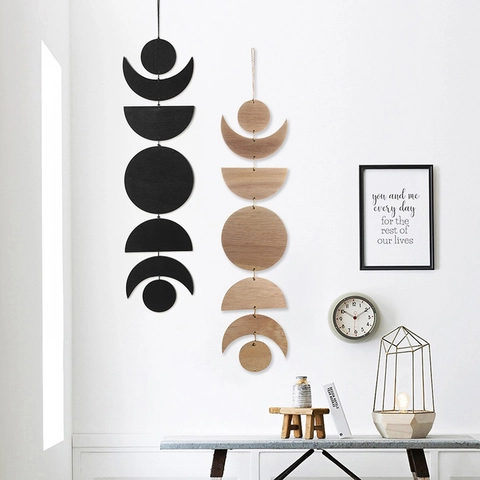 Decorazione da Parete Fasi Lunari Nordiche Legno Bohémien Luna Crescente Luna Piena Ornamento d'Arte Sospeso per Soggiorno