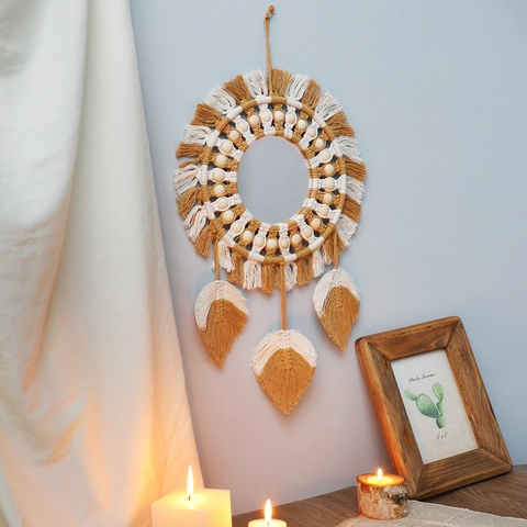 Specchio da Parete Bohemien in Cotone Tessuto a Mano Con Perline di Legno e Nappine a Foglia Specchio Decorativo per Camera