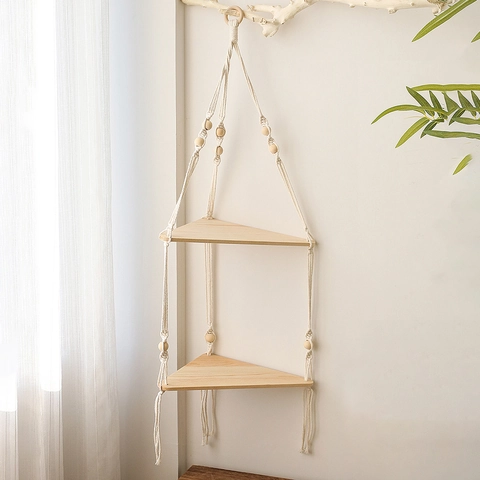 Bohemian Woven Cotton Rope Triangular Plant Hanger Wooden Wall Corner Storage Rack Decorative Hanging Shelf Home Decor