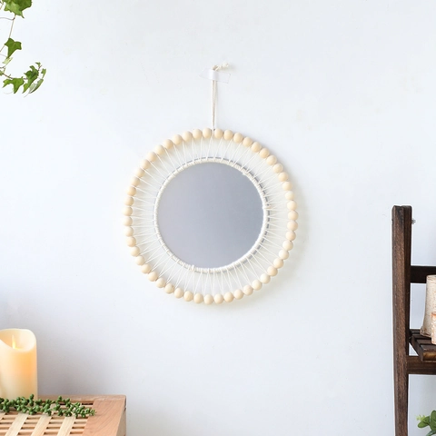 Bohemian Handmade Macrame Wall Hanging Mirror Beige Cotton Rope Woven Round Mirror With Tassel Fringe For Home Decor Living Room Bedroom