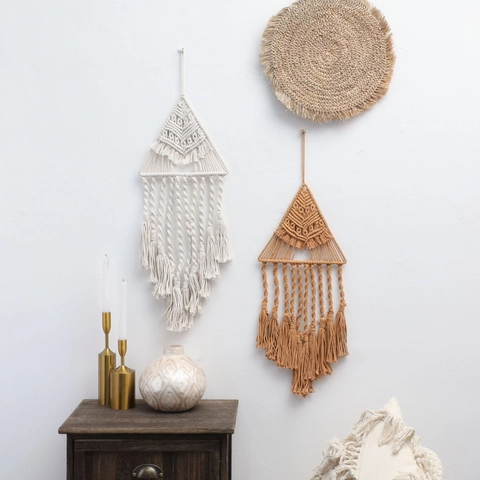 Arazzo da Parete in Macramé di Cotone Fatto a Mano Boho Triangolo Intrecciato Con Frange Nordico Minimalista Decorazione Casa