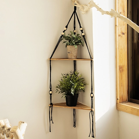 Scaffale Angolare Sospeso a Triangolo in Macramè a Doppio Strato Boho Intrecciato a Mano Mensola Galleggiante in Legno Parete