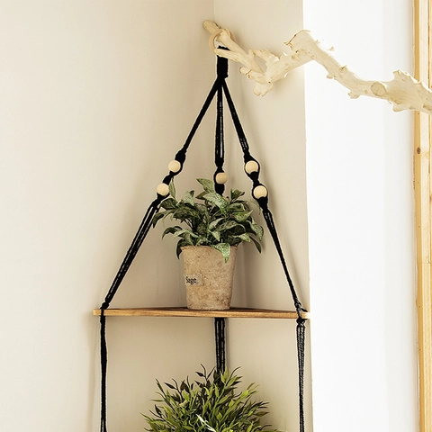 Scaffale Angolare Sospeso a Triangolo in Macramè a Doppio Strato Boho Intrecciato a Mano Mensola Galleggiante in Legno Parete