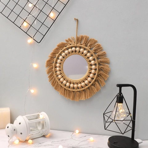 Bohemian Handwoven Macrame Wall Mirror Boho Round Decorative Mirror With Tassels Wood Beads For Home Bedroom Living Room Decor