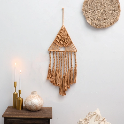 Arazzo da Parete in Macramé di Cotone Fatto a Mano Boho Triangolo Intrecciato Con Frange Nordico Minimalista Decorazione Casa