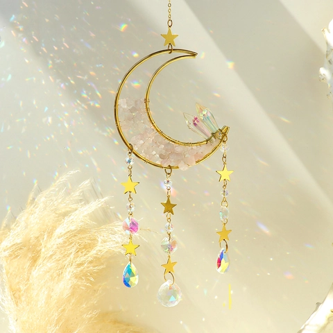 Moon Star Crystal Suncatcher Ornament With Natural Gravel Prism Pendant For Window Home Garden Decor Bohemian Wall Art