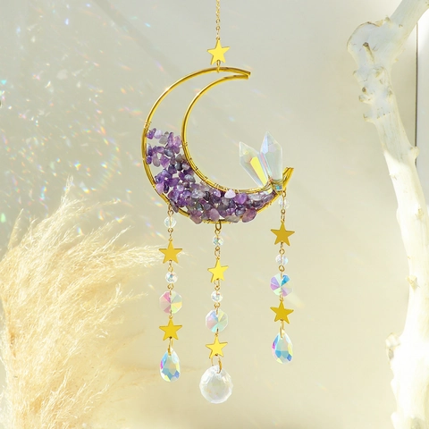 Moon Star Crystal Suncatcher Ornament With Natural Gravel Prism Pendant For Window Home Garden Decor Bohemian Wall Art