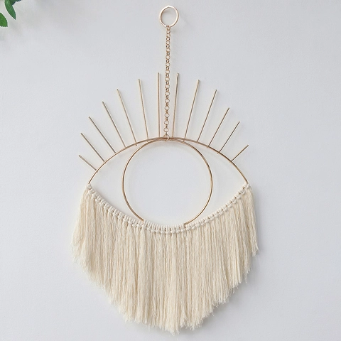 Bohemian Handmade Cotton Rope Evil Eye Wall Hanging Gold Metal Frame Macrame Tassel Room Decor Hanging Ornament