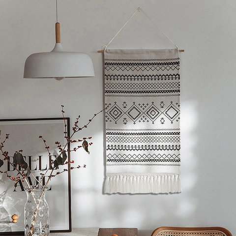 Bohemian Hand-woven Cotton Tapestry With Geometric Grid Pattern And Tassels Minimalist Wall Hanging Home Decoration