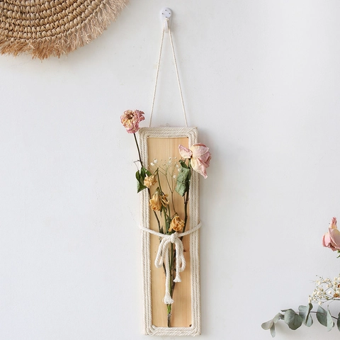 Bohemian Macrame Wall Decor Handmade Woven Cotton Rope Wooden Board Pendant With Artificial Eucalyptus Leaves For Living Room