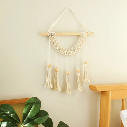 Arazzo da Parete Macrame Boemo Fatto a Mano in Corda di Cotone Con Perle di Legno Nappe Frange Decorazione per la Casa