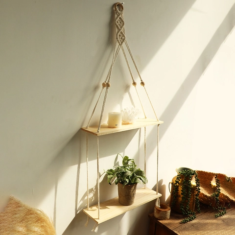 Scaffale a Parete in Macramé a Doppio Strato Mensole Sospese in Legno Naturale Corda di Cotone Intrecciata a Mano Decorazione Boho Soggiorno Camera da Letto