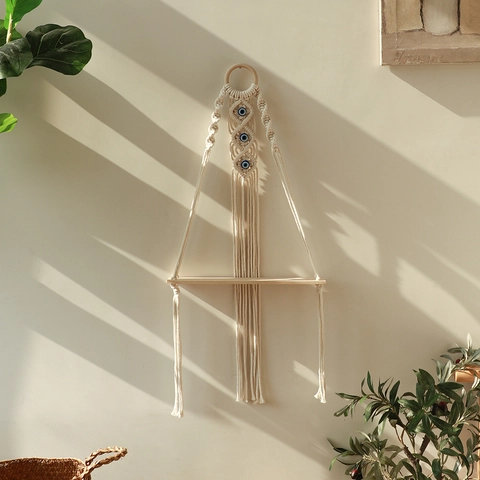 Bohemian Macrame Evil Eye Wall Hanging Shelf Cotton Rope Woven Floating Shelf With Wood Board Tassel Home Decor
