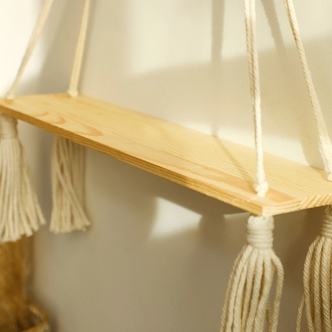 Boho Handgewebt Makramee Wandregal Holzperlen Quasten Schweberegal Heimdekoration Wohnzimmer Wandornament