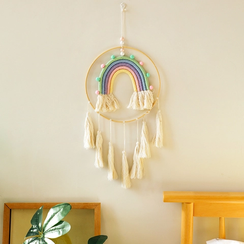 Handmade Boho Woven Rainbow Macaron Tassel Wall Hanging Decor With Wood Ring Pom Pom For Nursery Home Living Room Decor