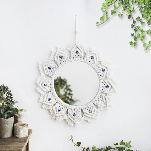 Espejo de Pared de Macramé Bohemio Ojo Turco Hecho a Mano de Cuerda de Algodón Espejo Redondo para Dormitorio Decoración Boho