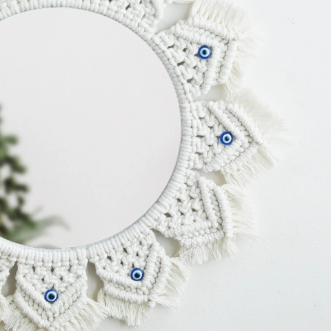 Espejo de Pared de Macramé Bohemio Ojo Turco Hecho a Mano de Cuerda de Algodón Espejo Redondo para Dormitorio Decoración Boho