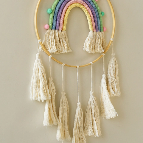 Handmade Boho Woven Rainbow Macaron Tassel Wall Hanging Decor With Wood Ring Pom Pom For Nursery Home Living Room Decor