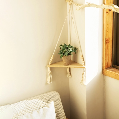 Mensola Sospesa Boho Con Perline Di Legno E Nappe Scaffale Galleggiante Triangolare In Corda Di Cotone Intrecciata