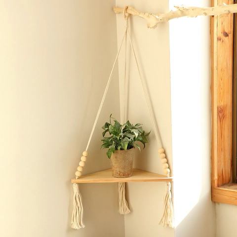 Mensola Sospesa Boho Con Perline Di Legno E Nappe Scaffale Galleggiante Triangolare In Corda Di Cotone Intrecciata