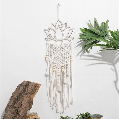 Decorazione da Parete in Macramè a Forma di Loto Fatta a Mano Corda di Cotone Boho Nappa Con Perline di Legno Per Soggiorno Casa